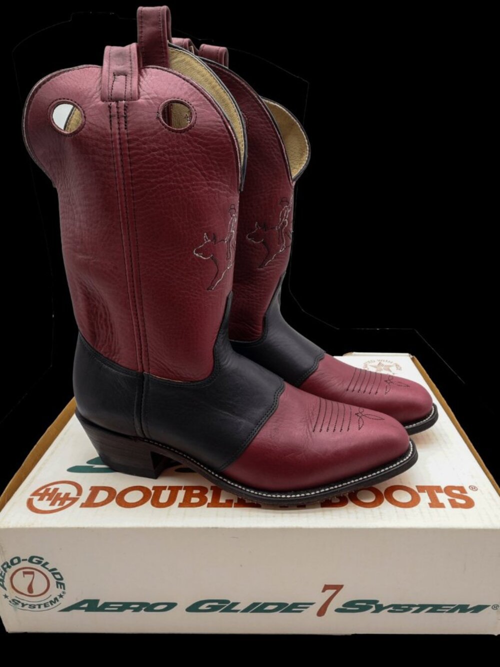 Vintage Double-H Boots Mens 10.5 D Burgundy Black Leather Cowboy Boots 1102 NWB